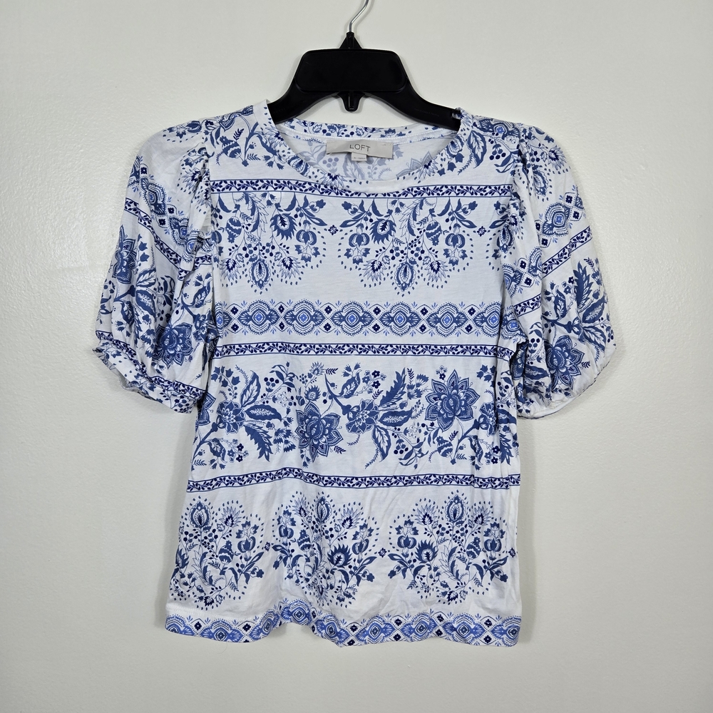 LOFT Womens Blue White Floral Garden Puff Sleeve‎ Cropped Statement Blouse Small